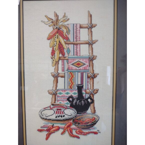 Vintage 1995 Completed Cross Stitch Native American Southwest Frame Wall Hanging - Picture 16 of 16